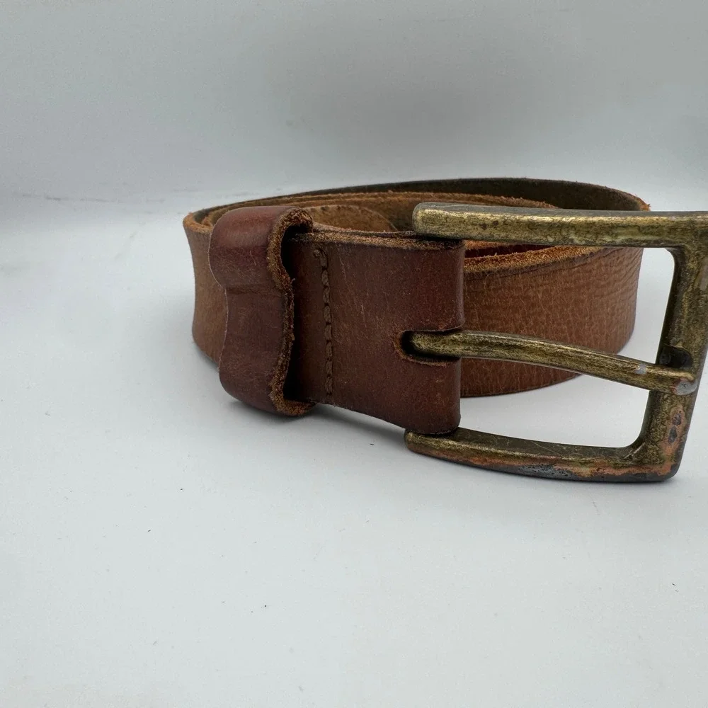 Bison Designs Brown Leather Belt Mens 38 Handcrafted USA Brass Buckle 1.5in Wide